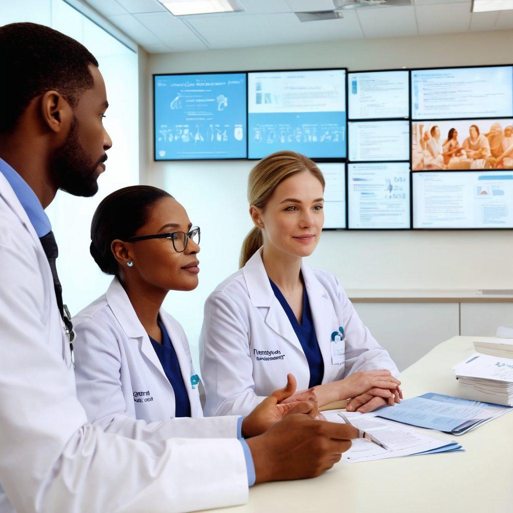 A serene healthcare setting depicting a diverse group of patients and healthcare professionals interacting warmly, with a backdrop of resources like pamphlets and supportive group discussions. In the foreground, a digital display shows updates on clinical trials, interspersed with symbolic representations of hope, like ribbons and hopeful expressions, all in soft, calming colors. super-realistic. vibrant colors. white background.