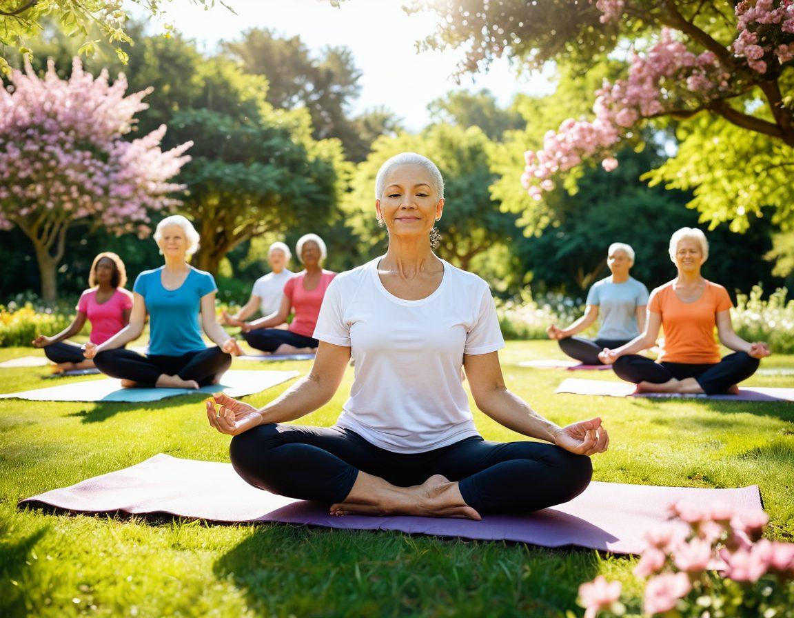 A serene scene depicting a diverse group of cancer survivors engaging in wellness activities like yoga and meditation in a sunlit park, surrounded by blooming flowers and lush greenery, symbolizing hope and resilience. The atmosphere should radiate positivity and empowerment, with soft, warm sunlight highlighting their joyful expressions. super-realistic. vibrant colors. gentle focus.