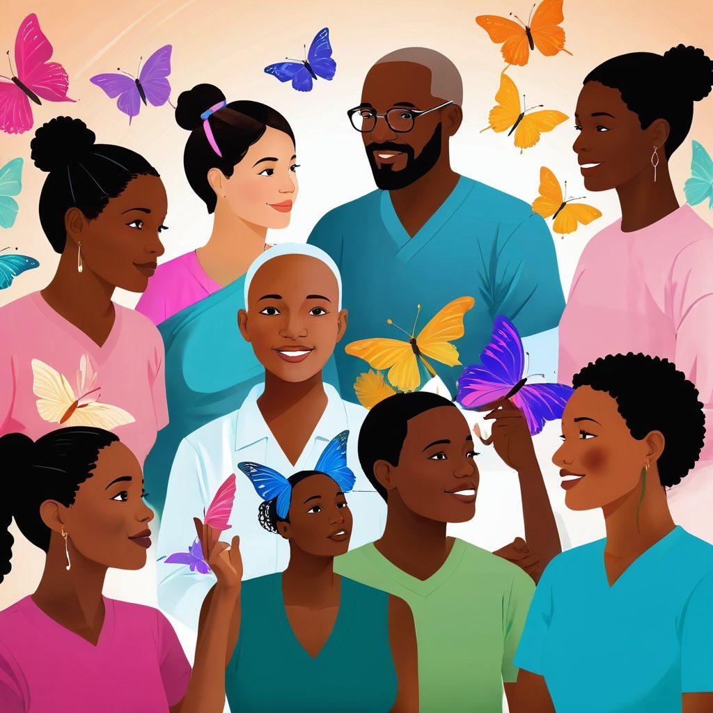 An informative and compassionate illustration depicting a diverse group of people discussing cancer awareness, with clear and colorful infographics about tumors and treatments in the background. Incorporate symbols of hope like butterflies and ribbons, along with serene natural elements suggesting wellness. The mood should be supportive and educational, conveying strength and knowledge. super-realistic. vibrant colors. soft focus.